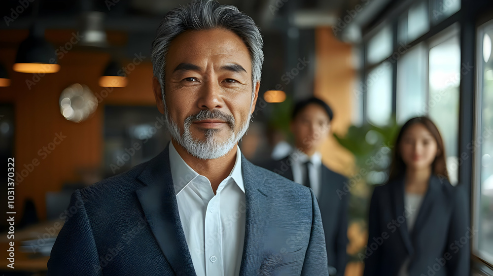 Wall mural Confident businessman standing with colleagues in a modern office.