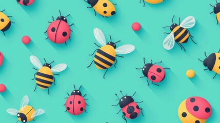 Fototapeta premium Tiny bees and ladybugs in a playful cartoon design, scattered across a seamless background