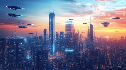 Fototapeta premium A highly detailed 3D rendering of a futuristic city skyline at sunset, with towering skyscrapers and flying vehicles, glowing lights illuminating the scene.