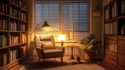 Fototapeta premium A cozy psychologist's office with warm lighting, a comfortable armchair, and a bookshelf filled with psychology literature during the late afternoon