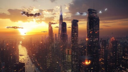Fototapeta premium A highly detailed 3D rendering of a futuristic city skyline at sunset, with towering skyscrapers and flying vehicles, glowing lights illuminating the scene.