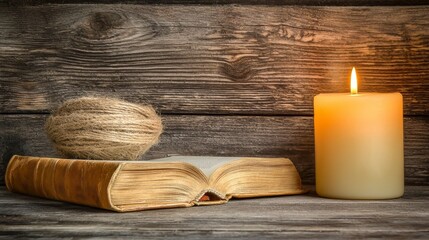 Naklejka premium Cozy scene with a book, candle, and twine on wooden background