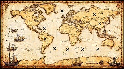 Obraz premium Vintage Treasure Map with X Marks the Spot and Ships