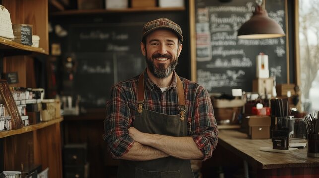 A dynamic shot of a family business owner welcoming customers into their shop, showcasing personalized service