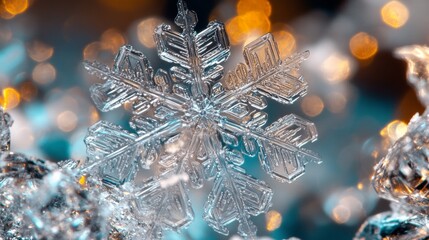 A highly detailed close-up of a snowflake, showing the intricate crystalline structure and its delicate geometry.