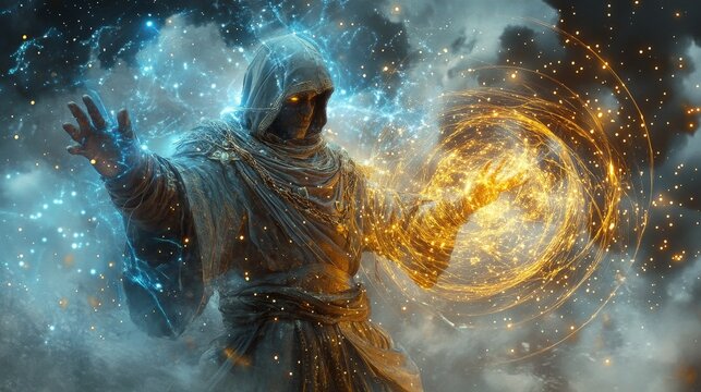 A highly detailed fantasy illustration of an ancient wizard casting a spell, with magical energy swirling around him and intricate details in his robes.