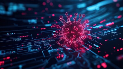 Virus representation, digital background with abstract technology elements, isolated.