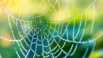 Naklejka premium A highly detailed macro shot of a dew-covered spider web, with every water droplet reflecting the surrounding environment, creating a sparkling effect.