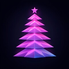 A stylized, glowing pink geometric Christmas tree with a star on top.