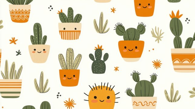 Cute cactus characters in a repeating pattern with bright colors and whimsical details