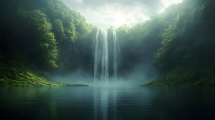 Serene waterfall surrounded by lush greenery and misty atmosphere.