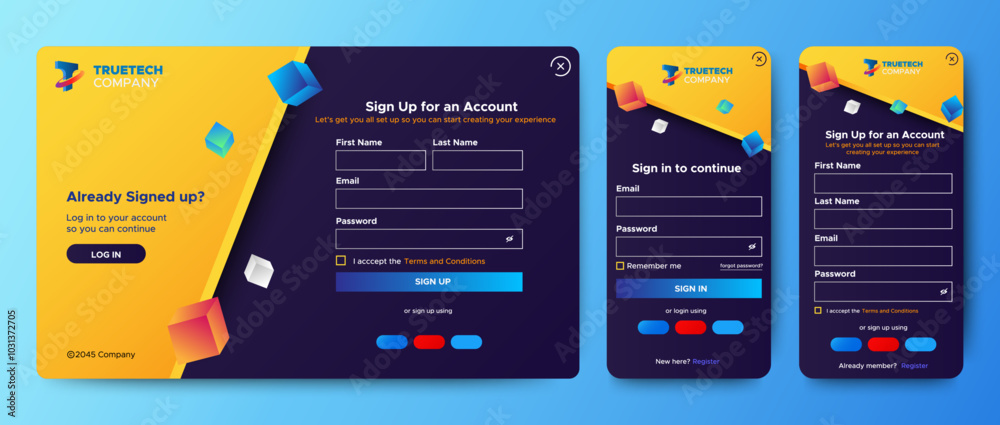 Poster set of sign up and sign in forms. colorful gradient. mobile registration and login forms page. profe