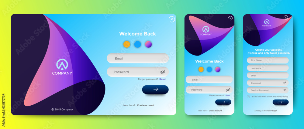 Poster set of sign up and sign in forms. colorful gradient. mobile registration and login forms page. profe