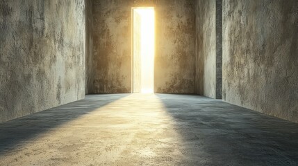 Obraz premium Illuminated doorway in an empty, textured room with shadowy floor