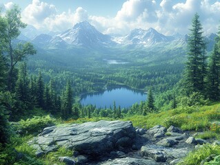 Obraz premium Serene mountain landscape with a tranquil lake and lush greenery.