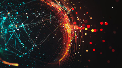 Obraz premium Abstract black background with Colorful circle lines. Digital future technology . Abstract business connection of lines from nodes innovation of communication in the network.