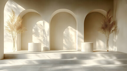 Fototapeta premium Minimalist interior with arches and decorative plants.