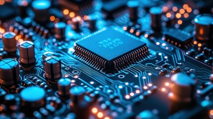 Fototapeta na wymiar Close-Up of a Microchip on a Circuit Board with Glowing Blue Lights in a Modern Technology Setting