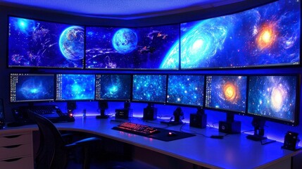 Futuristic gaming setup with multiple monitors and galaxy background
