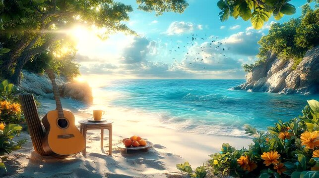 Tropical beach view with wooden chair, orange flowers, and acoustic guitar. Seamless looping time-lapse video background