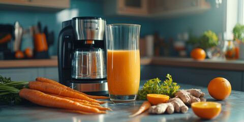 A glass of orange juice surrounded by carrots, oranges, and ginger, next to an electric blender on the kitchen counter, generative AI