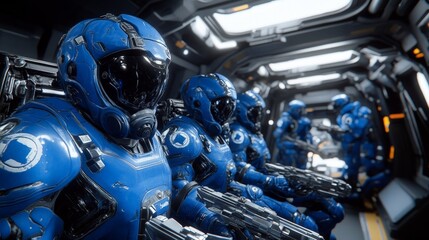 Fototapeta premium A group of futuristic soldiers in sleek blue spacesuits, huddled in a spaceship, preparing for a rescue mission, with intricate suit details, realistic textures, and 20k ultra-high-definition.