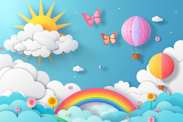 Beautiful fluffy clouds on blue sky background with summer sun