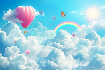 Obraz premium Beautiful fluffy clouds on blue sky background with summer sun