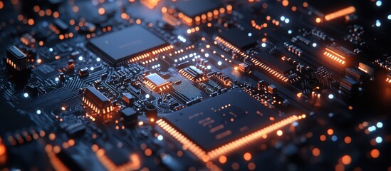 Obraz premium Close-Up of Modern Circuit Board with Glowing Microchips and Electronic Components in a Futuristic Technology Setting