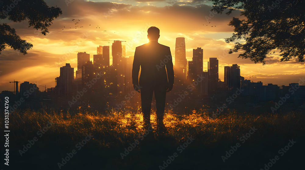 Wall mural Silhouette of a man against a sunset city skyline.