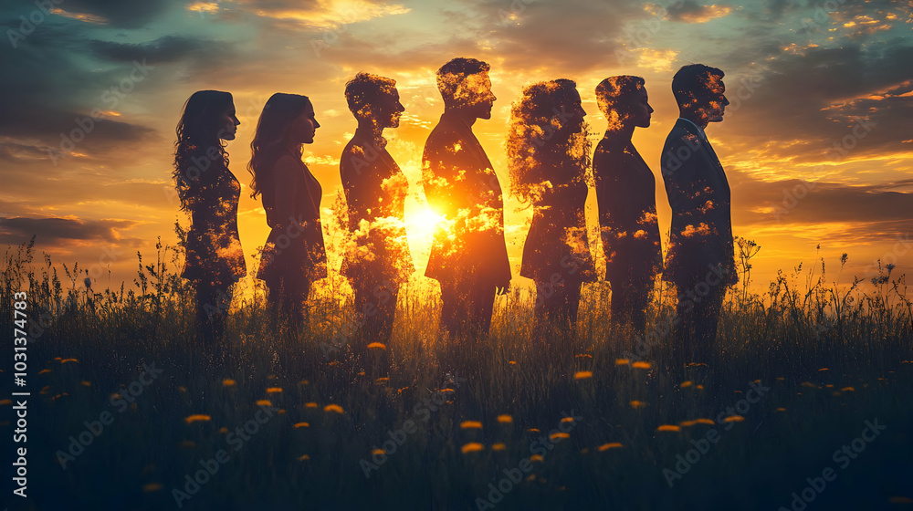 Canvas Prints Silhouettes of people against a sunset, blended with nature.