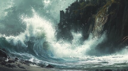 A powerful tidal wave impacting the shore, with water exploding upwards as it crashes into a cliffside, capturing the immense force of nature.