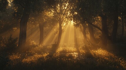 Obraz premium A realistic 16:9 scene of a dense forest at dawn, with rays of sunlight filtering through the trees, casting shadows on the dew-covered ground.