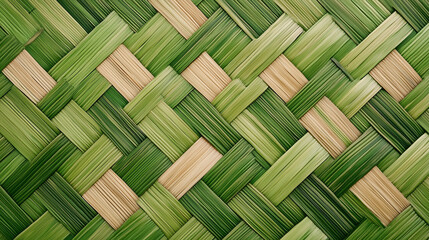 A close-up photo of a woven pattern with alternating green and brown strands. 