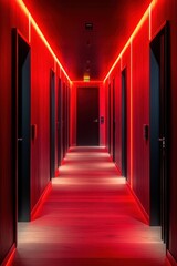 Futuristic Red-Lit Corridor with Modern Design and Ambient Lighting in a Contemporary Building Interior