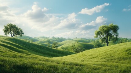 A realistic landscape of rolling hills with lush green grass, a few trees scattered across, and a bright blue sky with clouds drifting by.