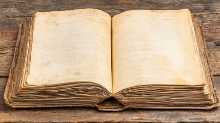 Ancient book with yellowed pages lying on a wooden surface