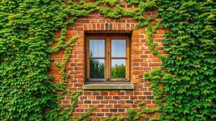 brick wall with window covered with green plants, extreme close-up