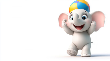 Cute baby elephant playing joyfully with colorful beach ball, showcasing playful and cheerful expression. This delightful scene captures essence of fun and innocence