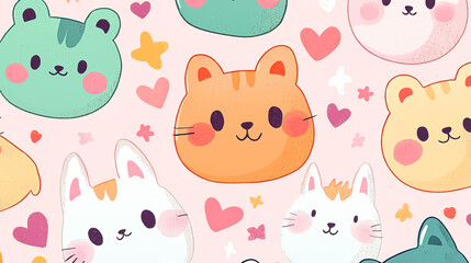 Fototapeta premium Cute flat pattern with cartoon cats and hearts on white background