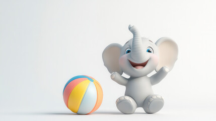 Cute baby elephant playing joyfully with colorful beach ball, showcasing playful and cheerful expression. This delightful scene captures essence of fun and innocence