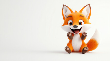 Cute cartoon style baby fox with joyful expression, sitting and waving its paws. This adorable character embodies playfulness and charm, perfect for childrens themes