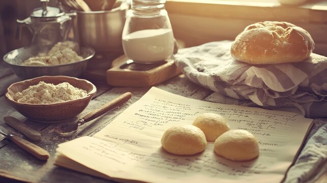 Rustic kitchen scene with ingredients and handwritten recipe on wooden table