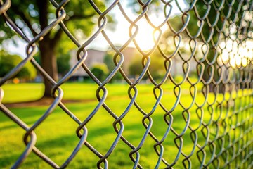 Fototapeta premium chain link fence in foreground with lawn and tree in background