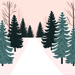 Fototapeta premium A serene winter landscape with snow-covered trees and a path.