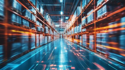 Fototapeta premium Modern Warehouse with Motion Blur and Neon Lights