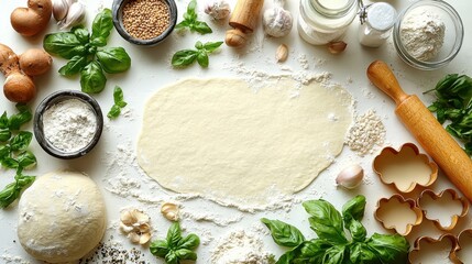 Flatlay of rolled dough, fresh herbs, flour, and baking ingredients arranged on a white surface, perfect for homemade cooking and baking inspiration.