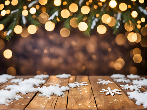 Christmas golden bokeh with snow flakes behind wooden table background