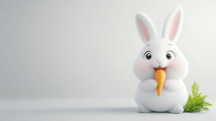 Obraz premium Cute cartoon style bunny munching on carrot, showcasing its fluffy white fur and big expressive eyes. This adorable character brings joy and playfulness to any setting