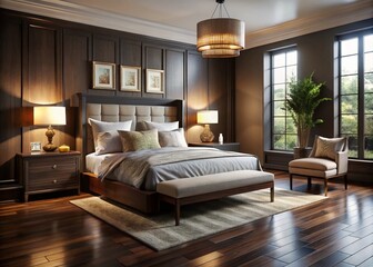 Elegant Bedroom Interior with Dark Wood Floors and Cozy Decor